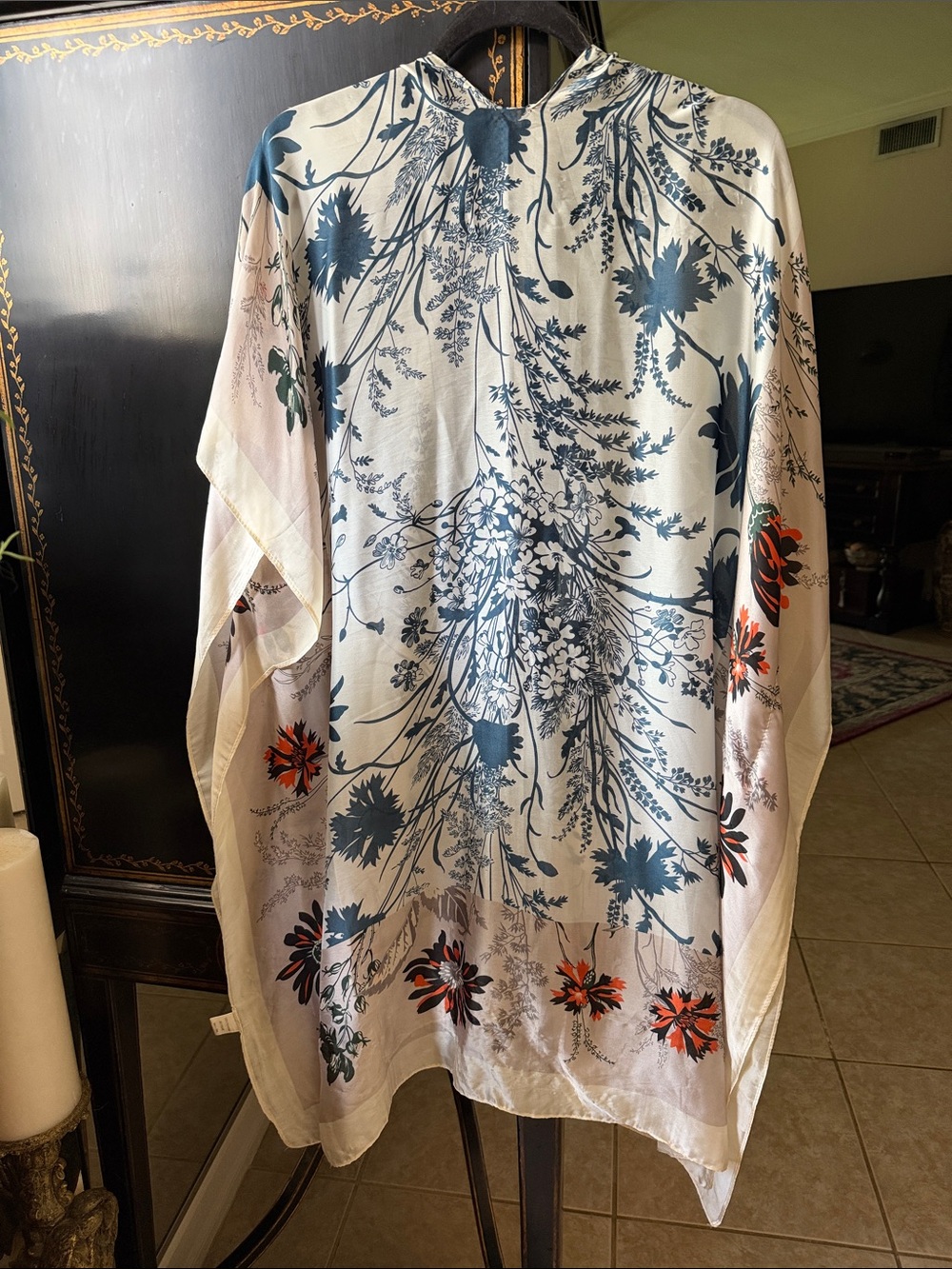 Sheer Kimono Cover-Up in Cream, Navy & Orange exquisite washable lightweight - Picture 6 of 17